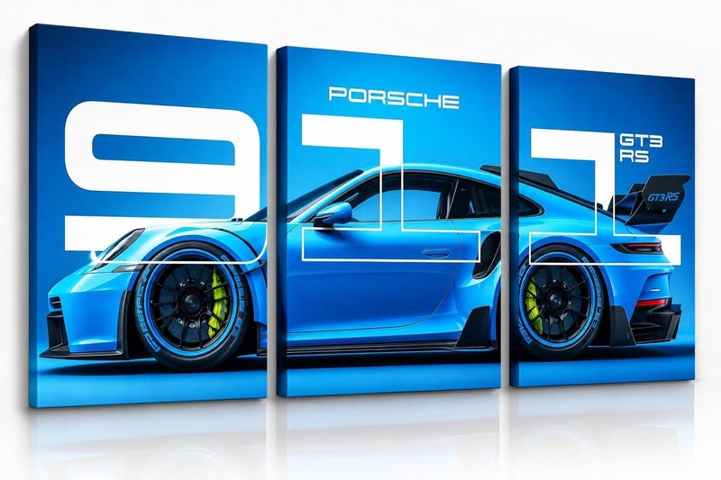 ARS Graphics ARS® 3 Piece Porsche 911 GT3 RS Canvas Wall Art - 40 x 60 CM Blue Sports Car Painting - Image 1