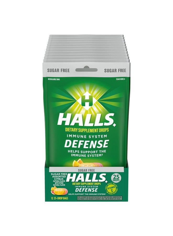 HALLS Defense Assorted Citrus Sugar Free Vitamin C Drops, Dietary Supplement Drops, 12 Bags of 25 Drops (300 Total Drops) - Image 1