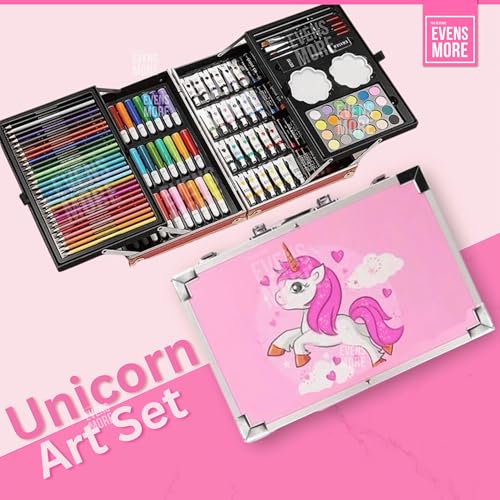 EVENS MORE 145-Piece Pink Unicon Deluxe Art Set for Kids & Adults | Sketch Colour Pencils, Watercolors, Crayons, Brushes, Eraser, Sharpener | Complete Drawing & Painting Kit with Case (Unicon) - Image 2