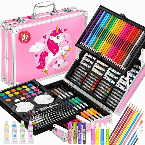 EVENS MORE 145-Piece Pink Unicon Deluxe Art Set for Kids & Adults | Sketch Colour Pencils, Watercolors, Crayons, Brushes, Eraser, Sharpener | Complete Drawing & Painting Kit with Case (Unicon) - Image 1
