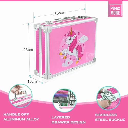 EVENS MORE 145-Piece Pink Unicon Deluxe Art Set for Kids & Adults | Sketch Colour Pencils, Watercolors, Crayons, Brushes, Eraser, Sharpener | Complete Drawing & Painting Kit with Case (Unicon) - Image 5