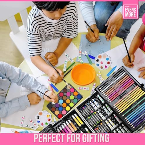 EVENS MORE 145-Piece Pink Unicon Deluxe Art Set for Kids & Adults | Sketch Colour Pencils, Watercolors, Crayons, Brushes, Eraser, Sharpener | Complete Drawing & Painting Kit with Case (Unicon) - Image 4