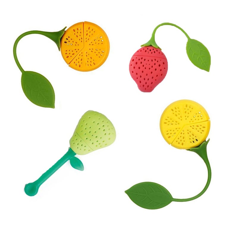 Naranqa Silicone Fruit Shape Cute Tea Bag Funny Loose Leaf Tea Infuser in Strawberry Pear Orange and Lemon Shape 4 Colorful Cool Tea Infuser Strainer for Mug Cup Herbal Weight Loss TeaDishwasher Safe
