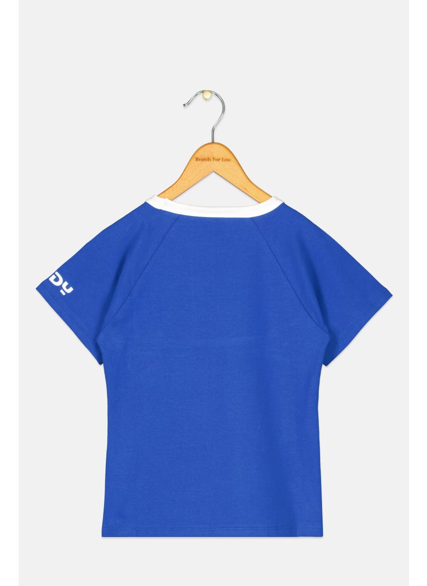 FREDDY - Kids Girl Short Sleeve Brand Logo Top, Blue - Image 1