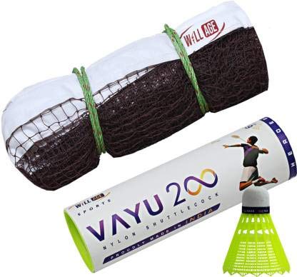 Willage Badminton net, Badminton net Nylon, Badminton net Plastic (Super Special Quality with Vayu Shuttlecock 6Pc) (Net with Green Shuttlecock) - Image 1
