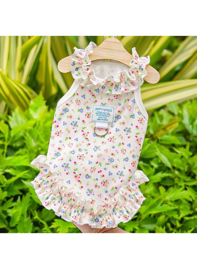 Breathable Vibrant Floral Print Pet Princess Dress - Ultra-Thin Cute Blue Red Green Ruffled Hem Puppy Outfit with Leash Ring, Elegant Multi-color Anti-Shedding Summer Cat Apparel, Size XL - Image 1