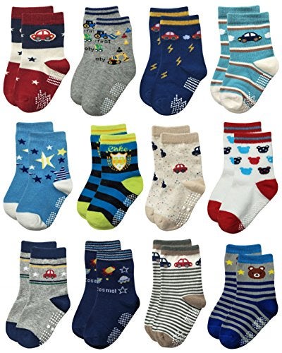 RATIVE Non Skid Anti Slip Cotton Crew Baby Babies Toddler Toddlers Socks for Boy Boys 2T 3T 2T-3T 12-24 12-18 Months With Grip Grippers (1-3T,12-pairs/RB-71218) - Image 1