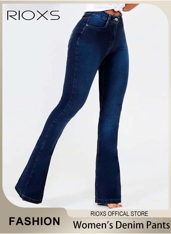 RIOXS Women's Denim Pants, Hight-quality Flared Fit Jeans, High Waist Stretch Skinny Denim Pants with Zip Fly and Button Closure, Vintage-style Jeans, Perfect for Work, Casual, Outdoor and Party  - Image 1