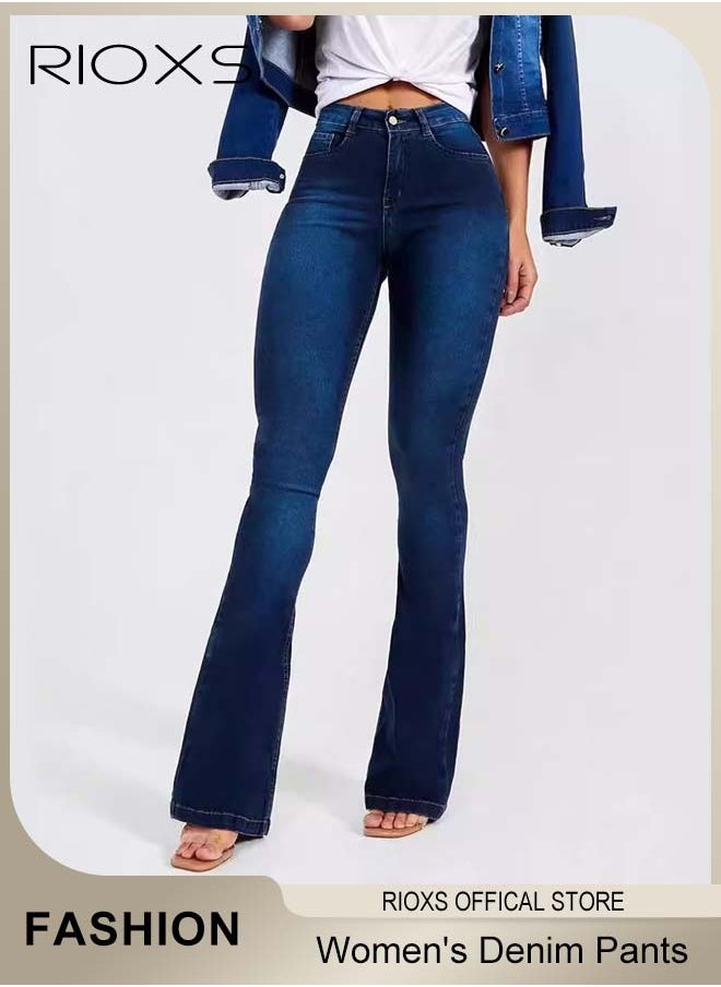 RIOXS Women's Denim Pants, Hight-quality Flared Fit Jeans, High Waist Stretch Skinny Denim Pants with Zip Fly and Button Closure, Vintage-style Jeans, Perfect for Work, Casual, Outdoor and Party  - Image 3