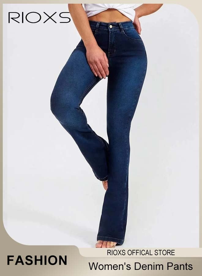 RIOXS Women's Flare Jeans, Trendy High Waist Butt Lifting Denim Pants, Vintage-style Slim Fit Stretchy Bootcut Bell Bottom Janes with Pockets, Ladies Casual Comfortable Flare Skinny Jeans with Zip Fly and Button Closure, Perfect for Work, Casual, Street Wear, Outdoor and Party - Image 1