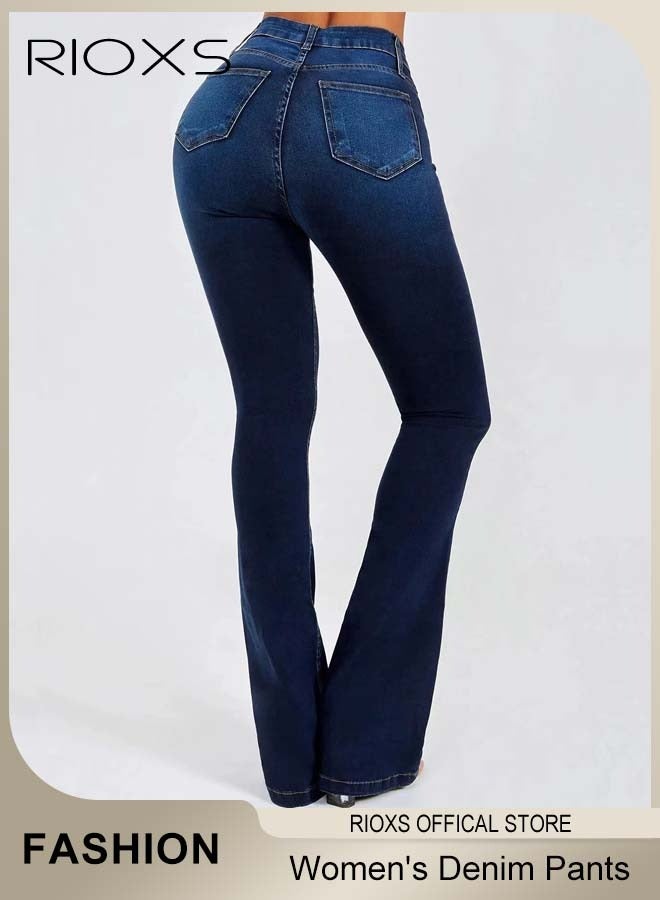 RIOXS Women's Flare Jeans, Trendy High Waist Butt Lifting Denim Pants, Vintage-style Slim Fit Stretchy Bootcut Bell Bottom Janes with Pockets, Ladies Casual Comfortable Flare Skinny Jeans with Zip Fly and Button Closure, Perfect for Work, Casual, Street Wear, Outdoor and Party - Image 3