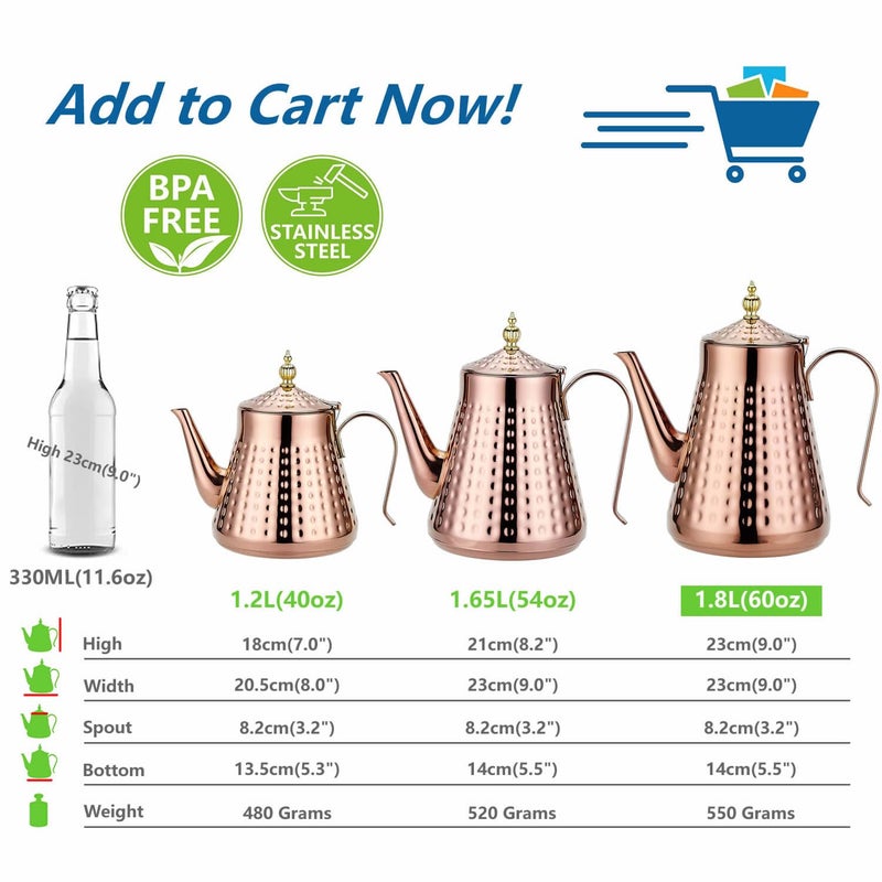 SANQIAHOME 1.8L(60oz) Stainless Steel Hammer Patterned Teapot With Removeable Infuser,Loose leaf cover,Copper - Image 5