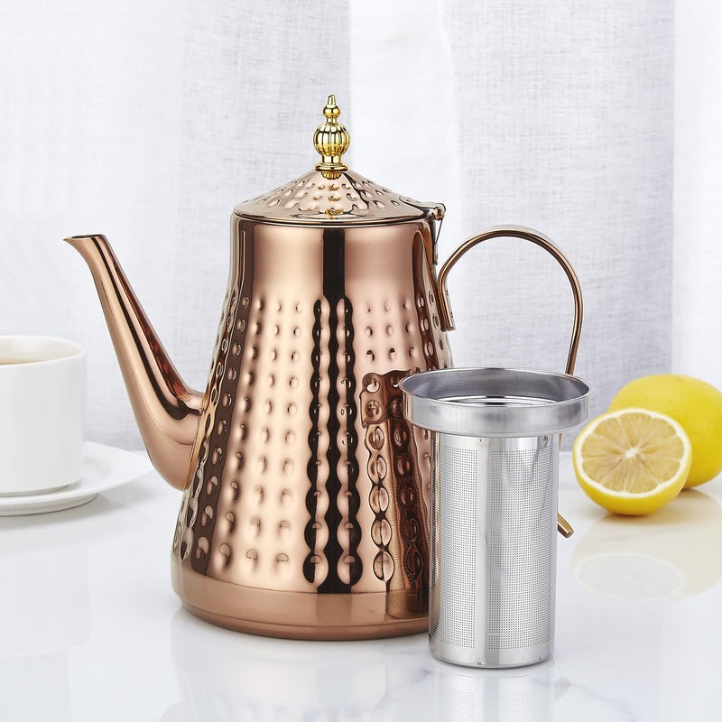 SANQIAHOME 1.8L(60oz) Stainless Steel Hammer Patterned Teapot With Removeable Infuser,Loose leaf cover,Copper - Image 3