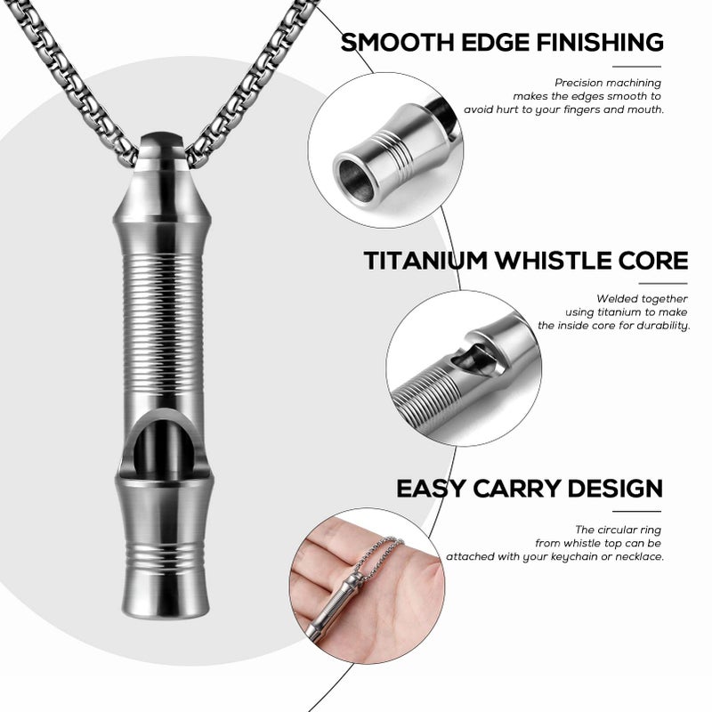 TISUR Titanium Emergency Keychain Necklace Whistle,EDC Safety Whistles for Women and Kids,Loud up to 120db, Survival Whistles for Hiking,Camping,Pets Training (2pcs Silver) - Image 3