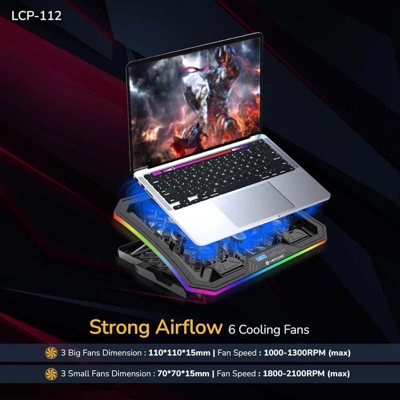 Lapcare وسادة تبريد Winner PRO RGB مع 6 مراوح لحامل اللابتوب، أسود - Image 3