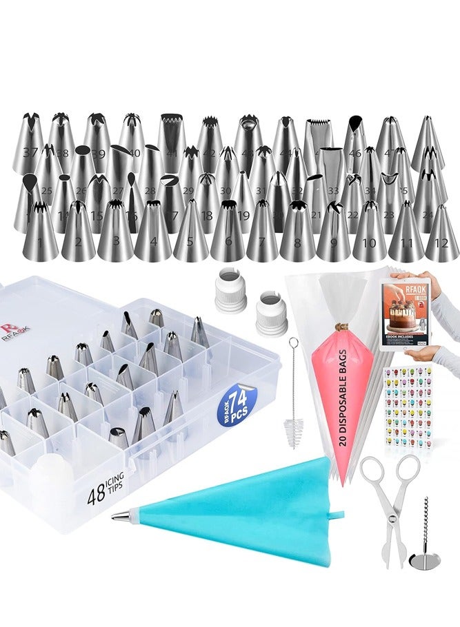 BELLSBERRY 74PCS Cake Decorating Kit with 48 Icing Tips Reusable Bag Piping Bags Couplers Flower Nails and eBook - Image 1