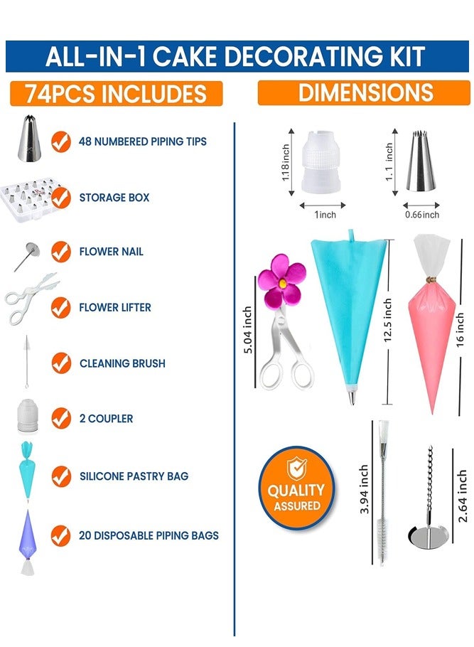 BELLSBERRY 74PCS Cake Decorating Kit with 48 Icing Tips Reusable Bag Piping Bags Couplers Flower Nails and eBook - Image 2