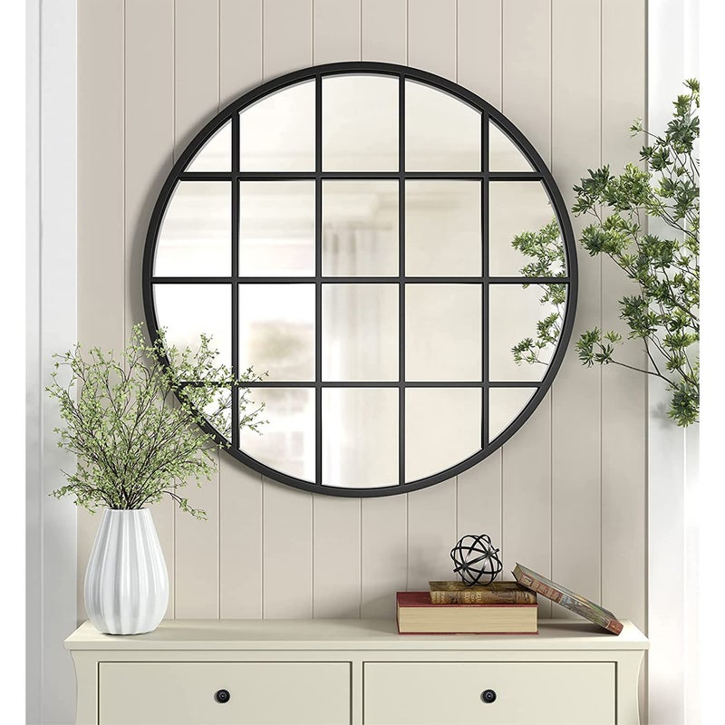 GIFTTROVE GIFTTROVE 36 Inch Round Grid Wall Mirror Metal Framed Window Pane Circle Mirror Accent Decorative Mirrors Circle Window Mirrors for Entry Living Room Bedroom Matte Black 