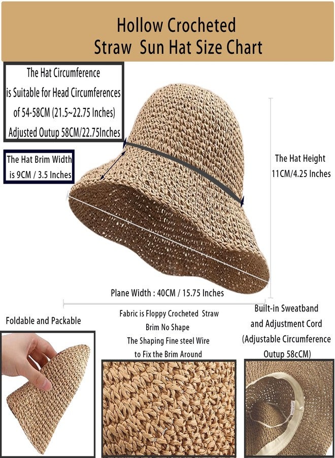 IZUS Crochet Straw-Paper Sun Hat for Women Floppy Beach Sun Hat Soft Large Lady Bucket Hat Foldable Travel Summer Medium Khaki - Image 4