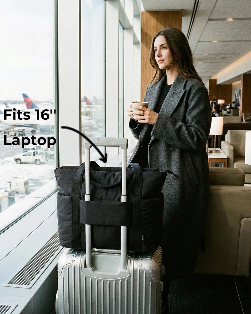 U+U Puffer Tote Bag for Women, Quilted Work Tote with 16" Laptop Sleeve, Luggage Sleeve & Yoga Mat Strap for Travel Gym School,Black - Image 2