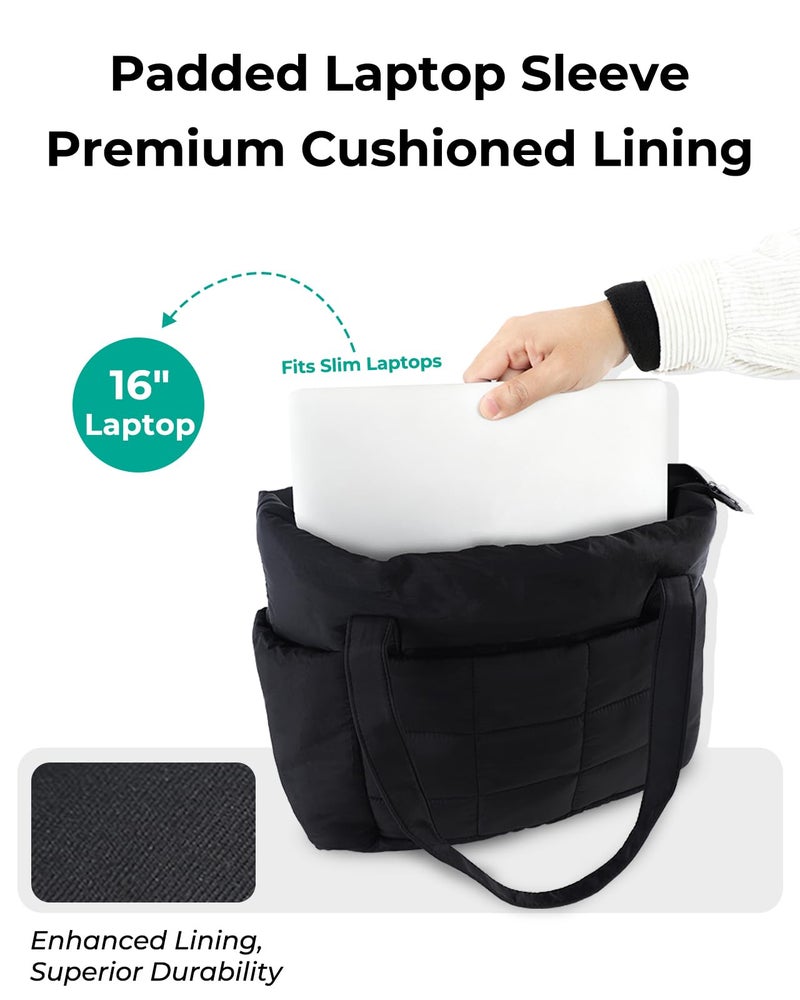 U+U Puffer Tote Bag for Women, Quilted Work Tote with 16" Laptop Sleeve, Luggage Sleeve & Yoga Mat Strap for Travel Gym School,Black - Image 4