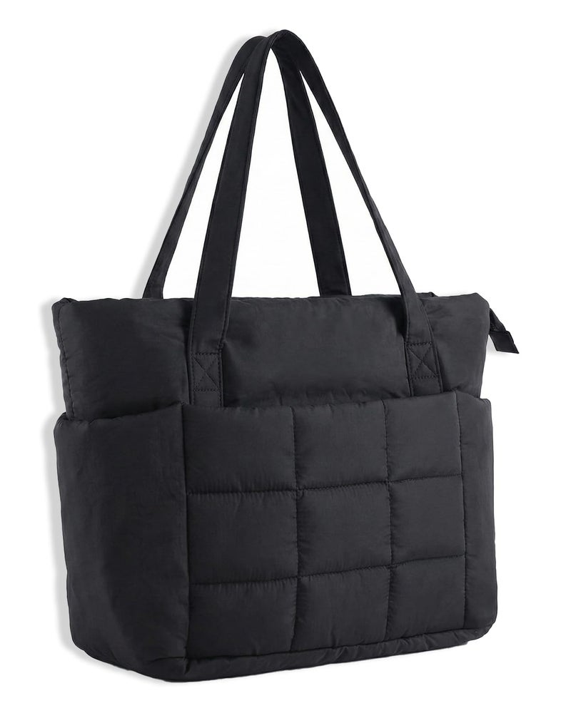 U+U Puffer Tote Bag for Women, Quilted Work Tote with 16" Laptop Sleeve, Luggage Sleeve & Yoga Mat Strap for Travel Gym School,Black - Image 1