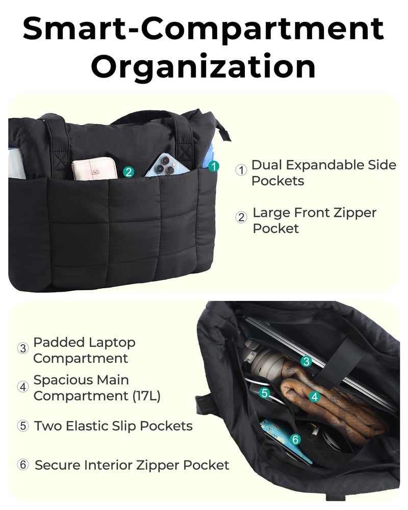 U+U Puffer Tote Bag for Women, Quilted Work Tote with 16" Laptop Sleeve, Luggage Sleeve & Yoga Mat Strap for Travel Gym School,Black - Image 5