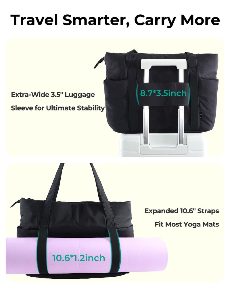 U+U Puffer Tote Bag for Women, Quilted Work Tote with 16" Laptop Sleeve, Luggage Sleeve & Yoga Mat Strap for Travel Gym School,Black - Image 3