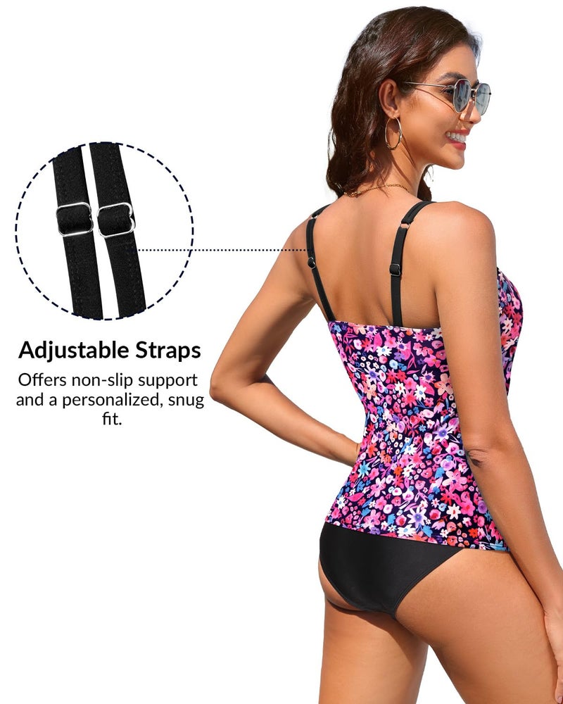 Daci Pink Flower Tankini Tops for Women 2026 - Tummy Control Swim Top Only Modest Bathing Suit Top Swimsuit Top No Bottom L - Image 3