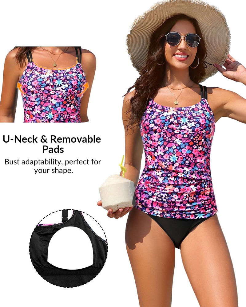 Daci Pink Flower Tankini Tops for Women 2026 - Tummy Control Swim Top Only Modest Bathing Suit Top Swimsuit Top No Bottom L - Image 5