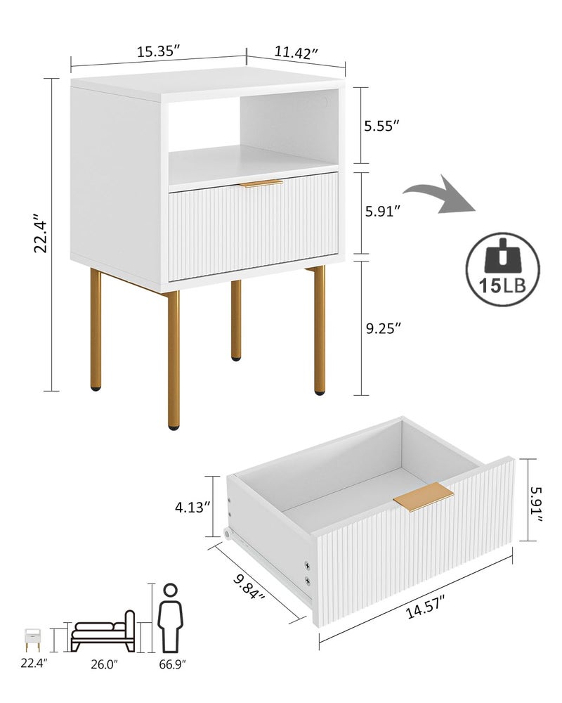 Masupu Nightstand,Mid-Century Modern Bedside Table with Storage Drawer and Open Wood Shelf,Small Gold Frame Side Table for Bedroom,Living Room,White - Image 4