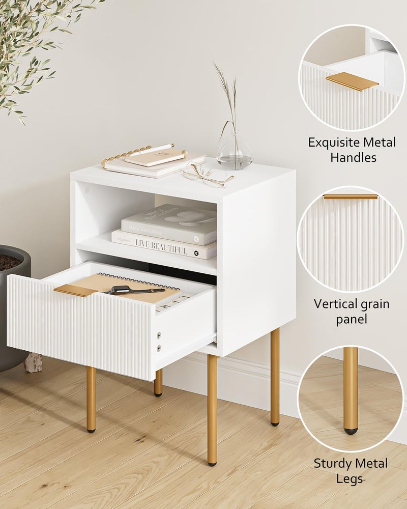 Masupu Nightstand,Mid-Century Modern Bedside Table with Storage Drawer and Open Wood Shelf,Small Gold Frame Side Table for Bedroom,Living Room,White - Image 2