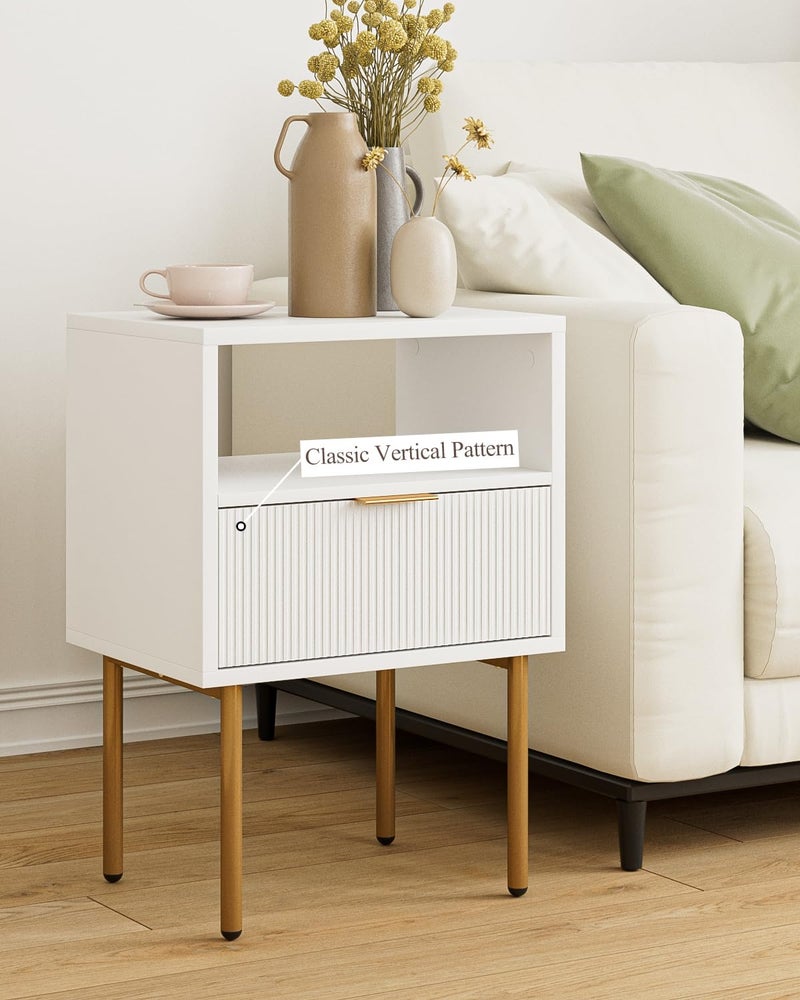 Masupu Nightstand,Mid-Century Modern Bedside Table with Storage Drawer and Open Wood Shelf,Small Gold Frame Side Table for Bedroom,Living Room,White - Image 3