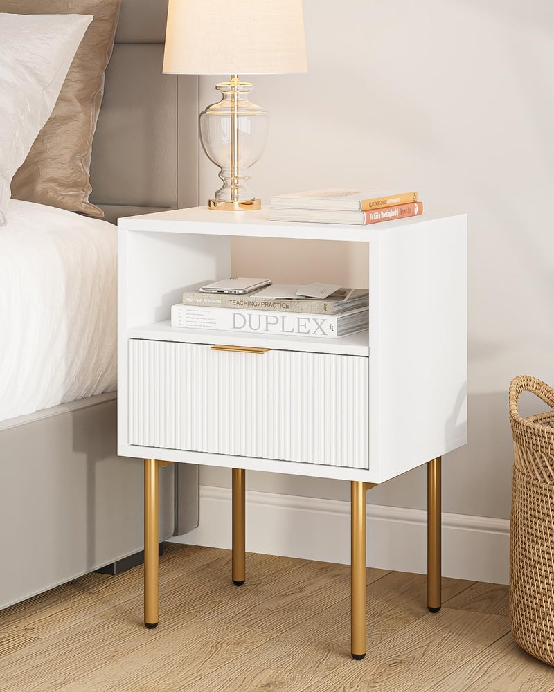 Masupu Nightstand,Mid-Century Modern Bedside Table with Storage Drawer and Open Wood Shelf,Small Gold Frame Side Table for Bedroom,Living Room,White - Image 1