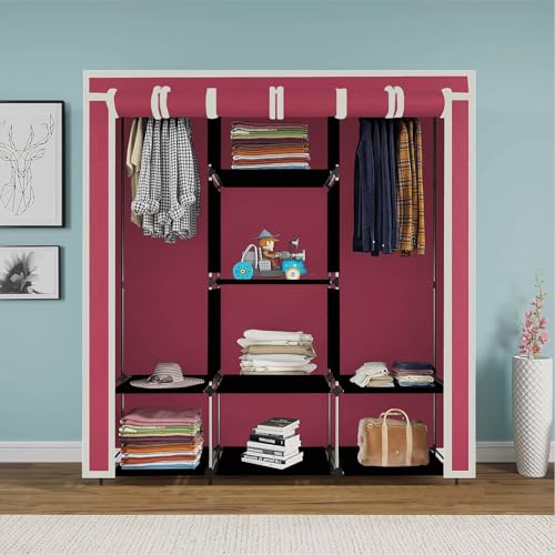 GTC® Collapsible Wardrobe Portable Foldable Closet for Clothes Almira, 2 Hanging Space, 8 Shelves and 2 Side Pocket Non-Woven Fabric 90 GSM (88230M-N (Maroon)) - Image 2