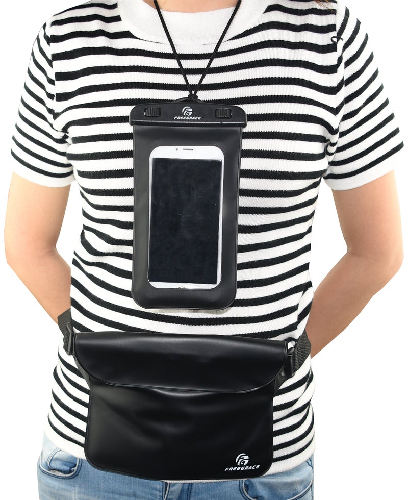 Freegrace Premium Waterproof Pouch Set with Waist/Shoulder Strap - Best Way to Keep Your Phone and Valuables Dry and Safe - Perfect for Boating Swimming Snorkeling Kayaking Beach Water Parks (Black + Case) - Image 1