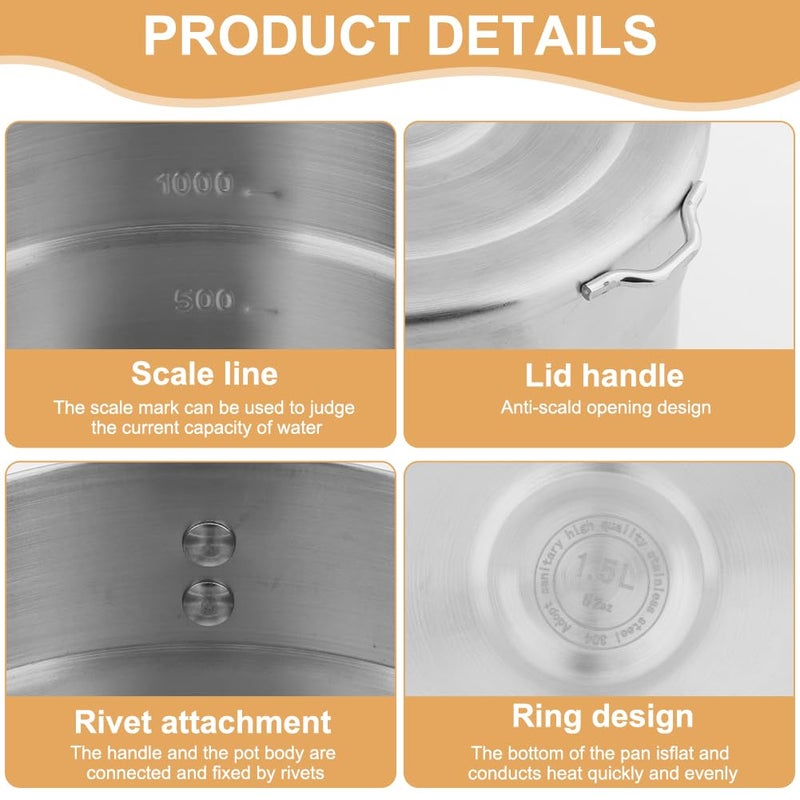 DENPETEC وعاء طهي من الفولاذ المقاوم للصدأ DenpenTEC مع غطاء ومقبض قابل للطي - سعة كبيرة 1.5 لتر لوعاء بنتو للتخييم والمشي في الطبيعة - Image 5