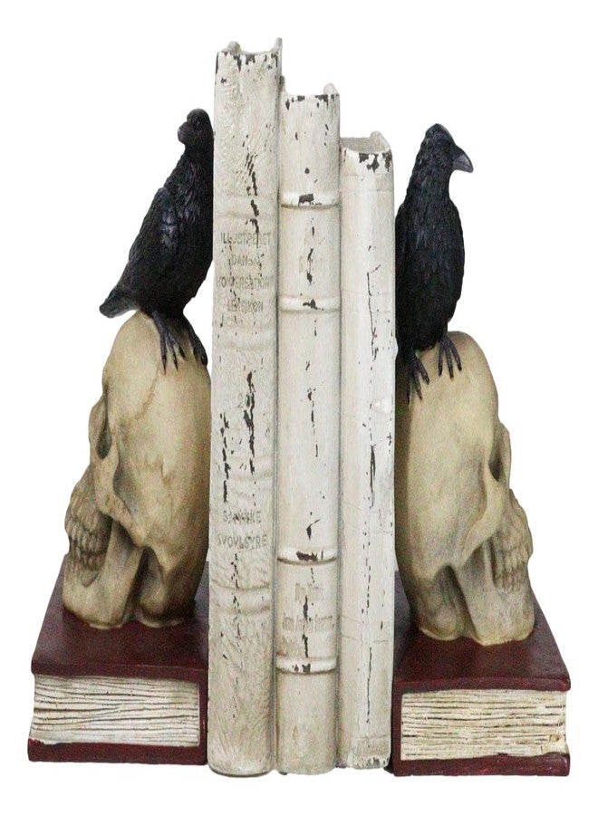 Ebros Gift Ebros Edgar Allan Poe Harbinger of Doom and Bad Omens Raven Crow Perching On Skull with Ancient Book Pair of Bookends Statue 7.5" Tall Bibliography Gothic Macabre Ossuary Figurine As Halloween Decor - Image 1