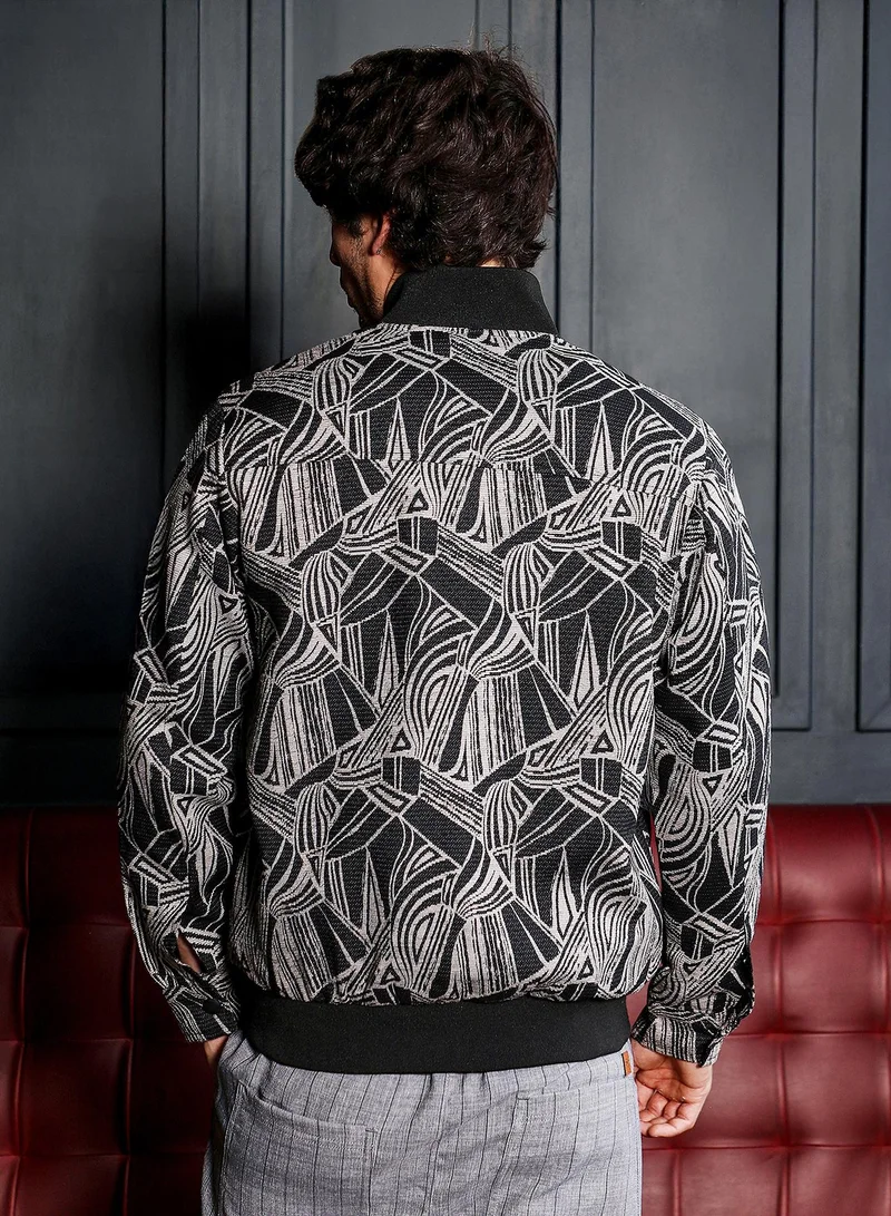 Campus Sutra Men Stroke-Jacquard Bomber Jacket | Baseball Collar, Long Ribbed Cuff Sleeves | Zipper , Ribbed-Straight Hem | Abstract Jacquard | Woven Fabric For Casual & Daily Wear | Midnight Black