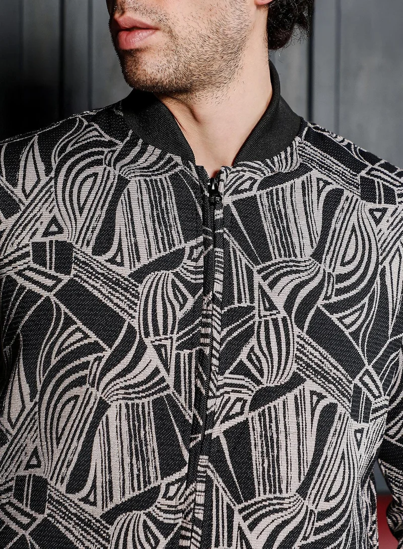Campus Sutra Men Stroke-Jacquard Bomber Jacket | Baseball Collar, Long Ribbed Cuff Sleeves | Zipper , Ribbed-Straight Hem | Abstract Jacquard | Woven Fabric For Casual & Daily Wear | Midnight Black