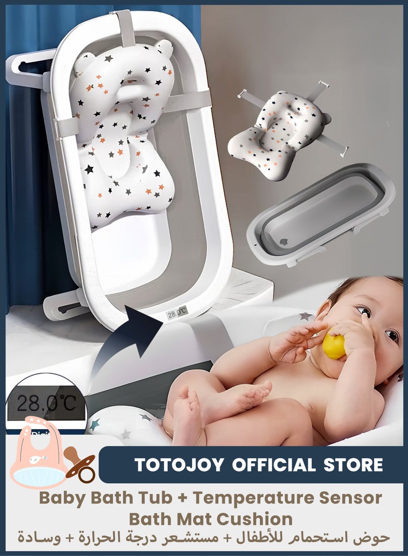 TOTOJOY Portable Baby Bathtub with Temperature Sensing  + Premium Bathmat Cushion  + Drain Hole + Secure Anti-Skid Base - Foldable Space-saving Durable Bathtub for Newborn Infants Toddlers Ages 0-24 Months Old, Grey - Image 1