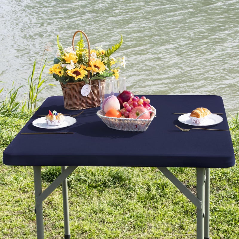 Nacuci Square Fitted Table Cover Elastic Tablecloth Stretch Spandex Table Top Cover Table Topper Cap for Dining Kitchen Home Party Navy 34X34 Inch - Image 2