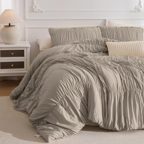 Masaca Oversized King Comforter 128x120Linen Like Textured Ruched Shabby Boho Chic Bedding Comforter Set3Pcs Extra Large King Size Ruffle Luxury Fluffy Bedroom Comforter Sets Lightweight - Image 1