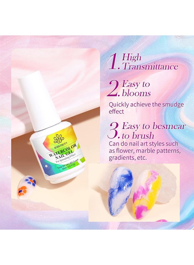 Born Pretty Watercolor Nail Gel 15ml, Nail Blooming Gel, Clear Clear UV Led Blossom Gel Polish for Spreading Effect Marble Natural Stone, Watercolor Floral Print Nail Art DIY Design Manicure - Image 5