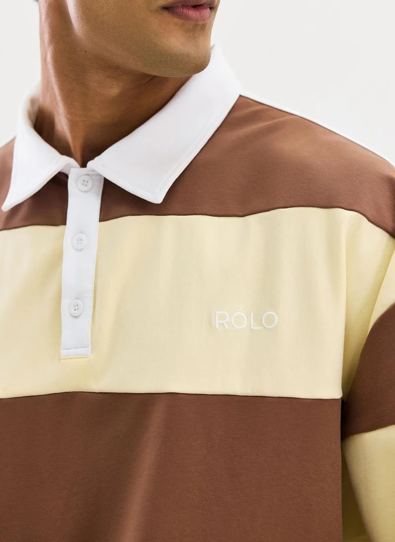RÓLO Wide Stripe Rugby Polo - Brown/Yellow
