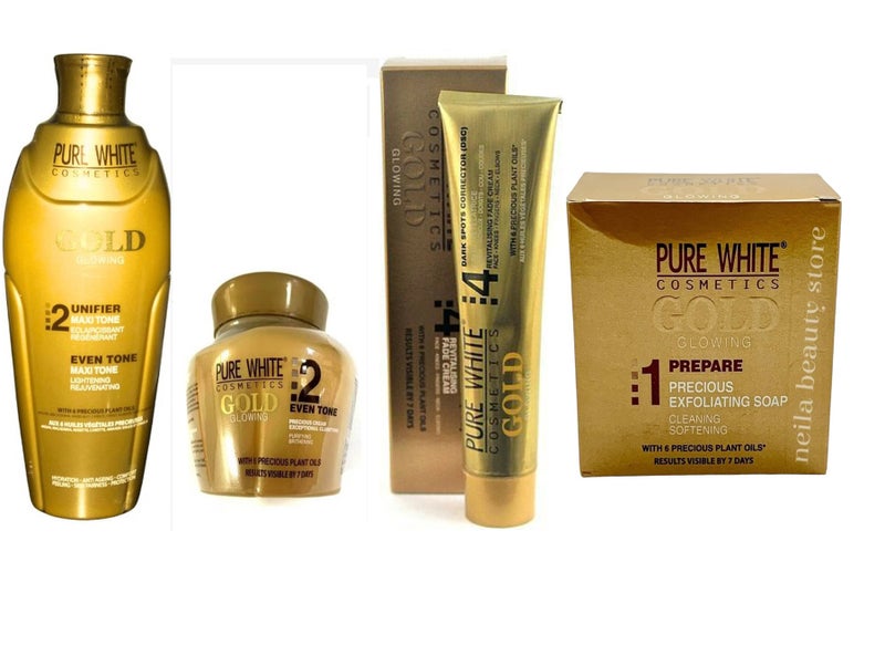 Pure White Cosmetics Pure White Gold Glowing Lotion +Face Cream+Soap+ Glowing Cream (Set of 4) - Image 1