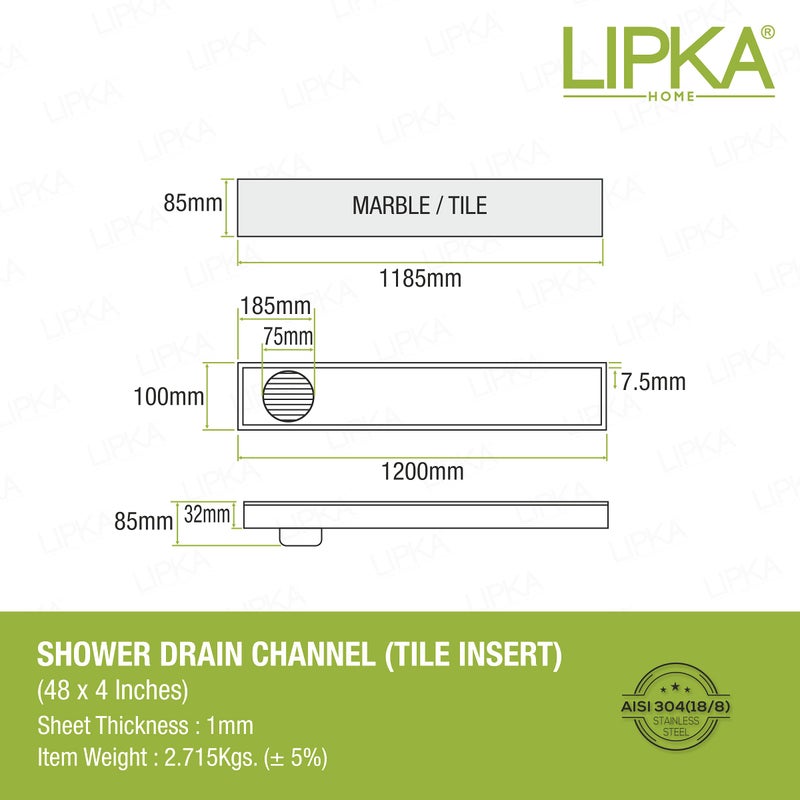 LIPKA Shower Drain 48 x 4 Inches with Tile Insert 2-in 1 Panel | AISI 304 Stainless Steel |Linear Drain Shower Water Drain Channel/Invisible Waste Water Floor Drain with Side Hole & Cockroach Trap - Image 2