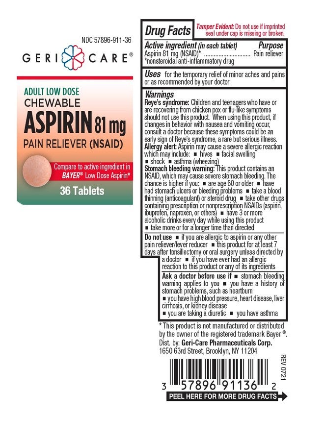 GeriCare Low Dose Adult Chewable Aspirin 81mg, Pain Reliever, Fever Reducer, 36 Count (Pack of 2) - Image 2