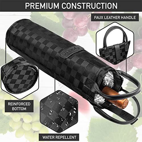 opux Wine Bag Single Bottle Carrier Tote, Insulated Travel Wine Cooler Bag for Picnic Beach Gift, Thermal Padded Portable One Bottle Holder Carrying Case for Women Men Wine Lovers, Black Square - Image 5