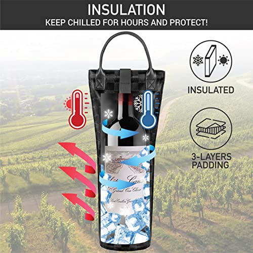 opux Wine Bag Single Bottle Carrier Tote, Insulated Travel Wine Cooler Bag for Picnic Beach Gift, Thermal Padded Portable One Bottle Holder Carrying Case for Women Men Wine Lovers, Black Square - Image 2